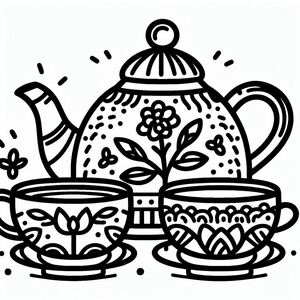 Một bản vẽ đen trắng của một ấm trà và hai tách