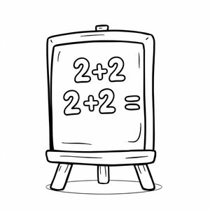 Một bảng toán học với "2 + 2 =" được viết trên đó, phong cách hoạt hình, bố cục căn giữa, đường viền in đậm