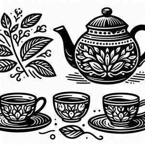 Một bản vẽ đen trắng của một bộ trà