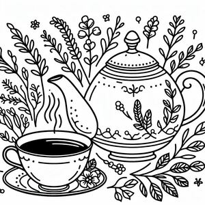 Một bản vẽ đen trắng của một ấm trà và một tách cà phê