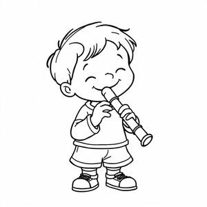 A child playing recorder (musical instrument), front view, cartoon outline style