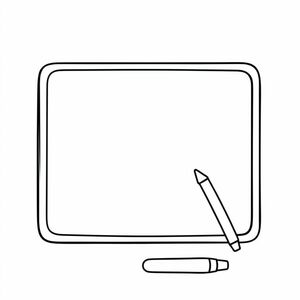 A clean rectangular whiteboard, cartoon edges, marker beside it, black outlines