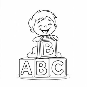 A child playing with large alphabet blocks “A B C,” cartoon style, white background