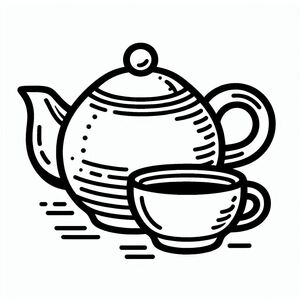 Một bản vẽ đen trắng của một ấm trà và một tách