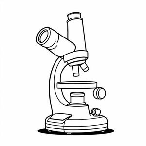 A science microscope with sample slide, cartoon line art, bold black outline