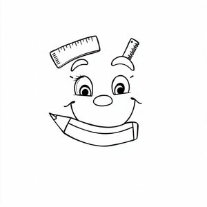 A smiley face made of school supplies – pencil for mouth, ruler as eyebrows, cartoon line style