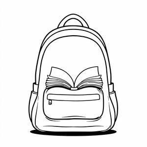 A backpack with only one open book inside, cartoon front-facing style, bold outlines