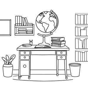 A neat teacher’s desk with a globe and books, cartoon black outline, simple