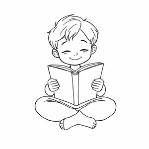 A child sitting cross-legged and reading a book, peaceful expression, cartoon line art, white background