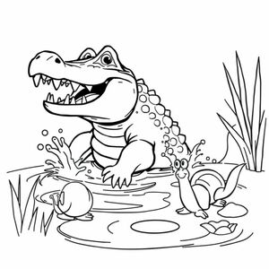 A pond with splashing water. A crocodile appears with its rough back and open mouth full of sharp teeth. A frog and two snail are jump away.