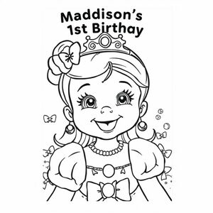 A young baby princess with a big smile showing small front teeth. Castle in the background. Bows around the page. 'Maddison's 1st Birthday' in bubble font on top of the page