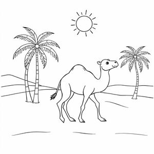 cute camel walking in the desert with a couple of palm trees and sun in the sky