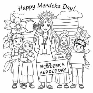 Khẩu hiệu: "Chúc mừng Ngày Merdeka!"
Nền tràn ngập thiết kế có cờ Malaysia, hoa dâm bụt, mặt trời và mây.
Một giáo viên: Đứng ở trung tâm, Thiếu nữ, Tóc dài, Đeo thẻ tên có nhãn "GV Saras"
Học sinh, mỉm cười và hạnh phúc. Học sinh đứng trước giáo viên
1 Cậu bé mặc songkok và baju melayu
1 Cô gái mặc baju kurung với tudung
1 cô gái trong trang phục truyền thống Sarawak
1 cậu bé mặc trang phục truyền thống Punjabi
1 cậu bé mặc trang phục Ấn Độ và cầm bảng hiệu ghi 1 EFISIEN

