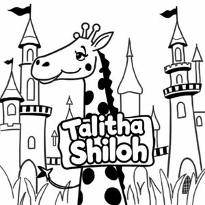 A profile view of a friendly giraffe, holding a sign with "Talitha Shiloh" written in white bubble letters, in profile, in a castle kingdom, surrealist style
