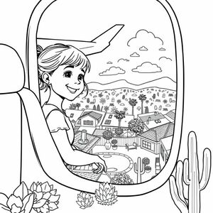 Cô bé 6 tuổi hạnh phúc bên trong máy bay nhìn xuống qua cửa sổ khu dân cư Arizona với mái ngói, hồ bơi sân sau, hiên, cây bụi có hoa và nhiều loại cây cọ và xương rồng