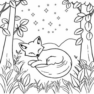 cute fox sleeping in the forest under the stars