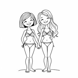 two girls in bikinis one with short straight hair that is just past shoulers and another with long hair that is slightly wavy and they are both holding hands in a cute style 
