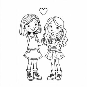 two girls in silly outifts one with medium length straight hair that is just past shoulers and another with long hair that is slightly wavy and they are both holding hands in a cute style 
