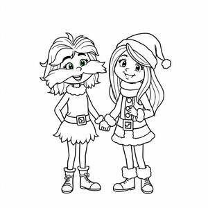 Cô gái ome ăn mặc như lorax (tóc gợn sóng) và một người là ông già Noel với mái tóc thẳng dài vừa phải vừa qua và một người khác với mái tóc dài hơi gợn sóng và cả hai đều nắm tay nhau theo phong cách dễ thương 

