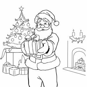 Pedro Pascal, ăn mặc như ông già Noel, cầm một món quà Giáng sinh hướng về phía người xem POV, trông lãng mạn với cây thông Noel và lò sưởi ở phía sau
