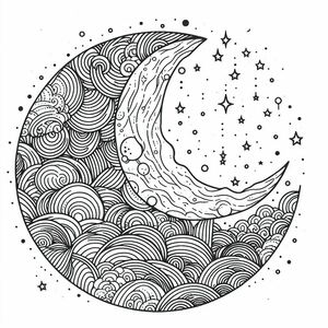 A black and white drawing of a crescent moon
