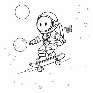 cute aesthetic animated astronaut on a skateboard in interstellar space with 1 or two butterfly 🦋  detailed 