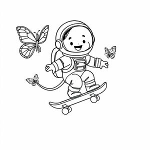 Phi hành gia hoạt hình dễ thương trên ván trượt trong không gian giữa các vì sao với 1 hoặc hai con bướm 🦋 làm cho nó chi tiết 