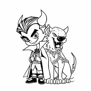 a handsome vampire who looks cute but screams devilish and he has a trusty hellhound following him bound by chains help by the vampire