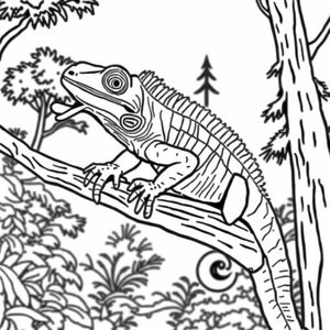 cute iguana on tree limb with tongue out trees in background
