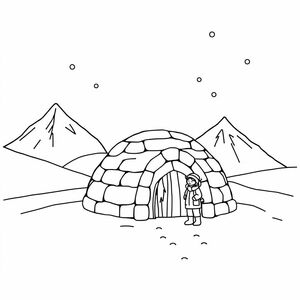 an igloo near snow mountains with it snowing person near igloo