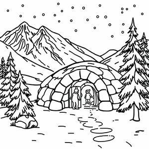 an igloo near snow mountains with it snowing person near igloo with snow covered trees