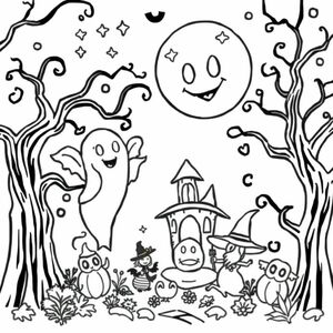 black-and-white line art coloring page, 8.5x11 portrait, bold outlines, no solid fills, cute spooky magical style for kids, [Your scene here]