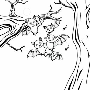 Black-and-white line art coloring page, 8.5×11, bold clean outlines, no solid black areas. Cute, spooky, magical style for kids 6–8. [Choir of bats singing from a moonlit tree branch, music notes drifting]. Background is unique and fits the scene.