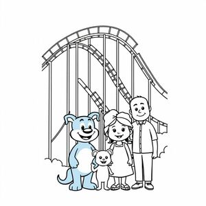  create a page with bluey and her family Infront of a rollercoaster