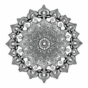 A complex psychedelic mandala with swirling fractal patterns, vibrant layers of symmetry, and intricate geometric details, designed for coloring