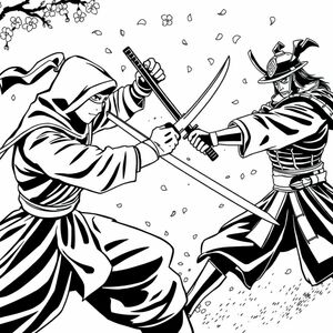 An epic battle between a ninja and a samurai, clash of swords, cherry blossoms falling, black and white line art, high-detail coloring page
