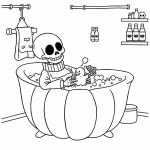 Create a black-and-white outline illustration in a perfect square 1:1 ratio for a children’s spooky cozy coloring book. A cute skeleton wearing a sweater relaxes in a pumpkin-shaped bathtub filled with bubbly water, holding a cup of hot cocoa. A rubber duck floats in the tub. The bathroom has a ghost-shaped towel, a shower curtain with bone patterns, and shelves with bottles labeled with skulls. All objects and characters should be drawn with bold smooth outlines, clean white interiors, no solid black fills, no shading, and no grayscale. Keep the background elements minimal and light for easy coloring.
