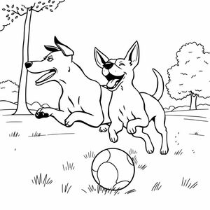 A profile of 2 dogs playing with a ball on the sunny day in the park, surrealist style, only contours, correct