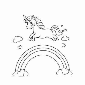Illustrate a playful unicorn jumping over a rainbow with clouds and hearts in a clean line art style.