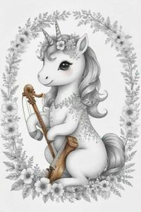 A cute kawaii unicorn wearing a flower crown and playing a harp