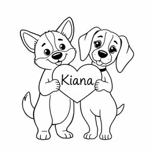 cute male corgi and female beagle holding heart shaped sign that says “Kiana”