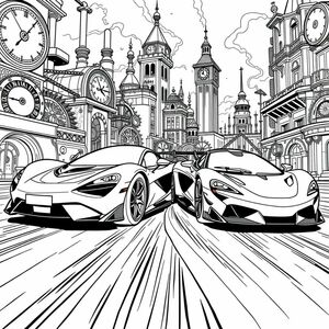 a very realistic car race of hoonipagasus with McLaren Sabre racing adjacent to each other from an unconventional angle racing in Clockwork City (Steampunk Dimension) on a detailed background