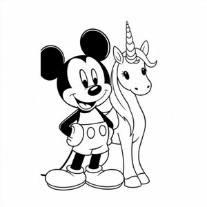 chuột mickey với kỳ lân bên cạnh 