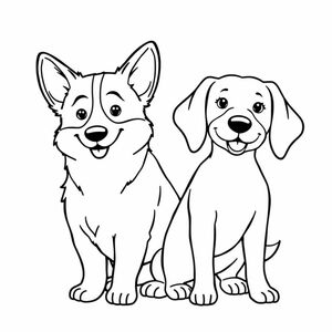 cute male corgi with female beagle and hearts in the background 