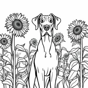 great dane with natural ears in sunflowers