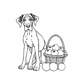 great Dane with natural ears with baskets of peaches