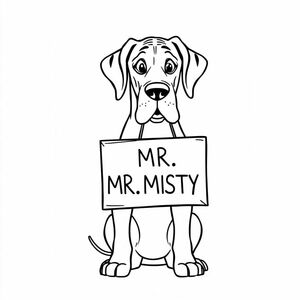 great Dane with natural ears holding a sign thats says MR,MISTY