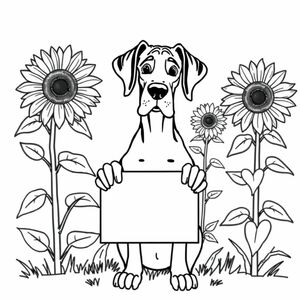 great dane with natril ears holding a sign with sunflowers in the background