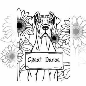 great Dane with natural ears holding a sign in mouth with sunflowers in the background
