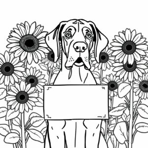 great dane holding a sign in its mouth with sunflowers in the background